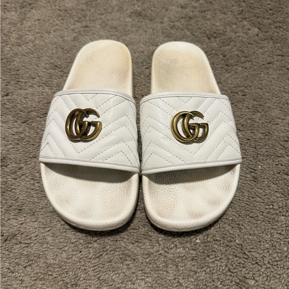 Gucci White Slide Sandals with Gold Logo